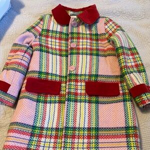 Mini Boden Colorful Checkered Pea Coat with Red Accents